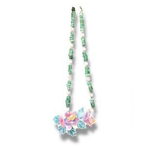 Vintage Shell Inlay Flower Necklace – Aventurine Chips & Mosaic Pendant